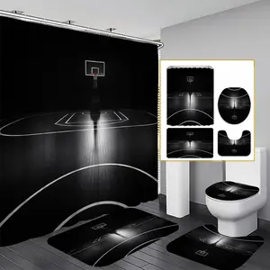 1/3/4PCS Basketball Court Shower Curtain set, Black and White Bathroom Decor, Accessories with Bath Mat, U-shaped Mat, Toilet Lid Cover, 12 Hooks 180x180cm Curtain, Sports Fan, Home Decor, Bathroom Decoration Accessories, Shower Essentials