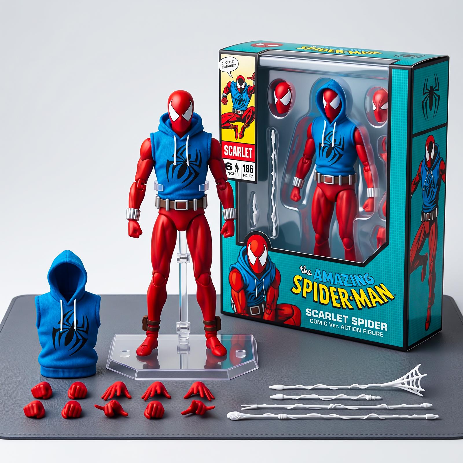 Marvel Spider-Man Scarlet Spider (Ben Reilly) 6-Inch Action Figure - 1:12 Comic-Style Articulated Pose Collectible with Fabric Hoodie, Web Effects for Comic Collectibles