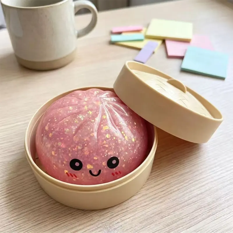 Trendy Glitter Dumpling Squishy Toy with Simulation Steamer Container, Shiny Glitter Squeeze Stress Relief Fidget Toy, Kawaii Cute Kids Party Supplies & Holiday Gift