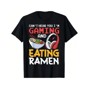 Unisex Funny Gamer Graphic T-Shirt, Casual Short Sleeve Round Neck with Ramen Print, Lightweight Classic Fit Menswear