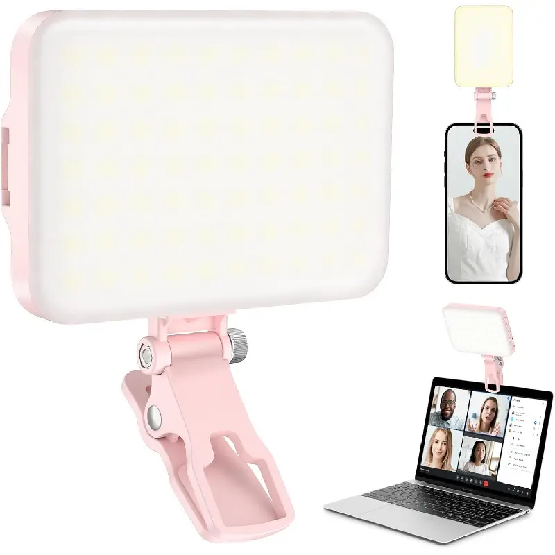 60‑LED Rechargeable Selfie Video Light, 2200mAh CRI 97+, 9 Light Modes Portable Clip‑On Fill Light with Tripod Adapter for Phone iPhone Webcam Laptop Makeup Photography