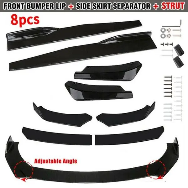 8PCS Glossy Black Universal Car Exterior Body Kit - Front Bumper Spoiler, Side Skirt, Rear Lip, Automotive Vehicle Accessory, Car Accessories, Vehicle Exterior Decoration