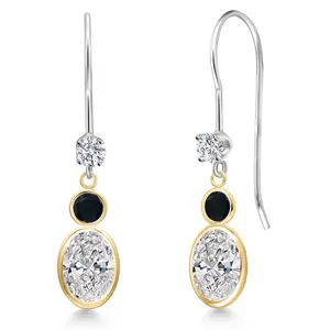 14K Two Tone Gold Lab Grown Diamond and Black Onyx Dangle Earrings for Women | 1.74 Cttw | Gemstone April Birthstone | Oval 7X5MM