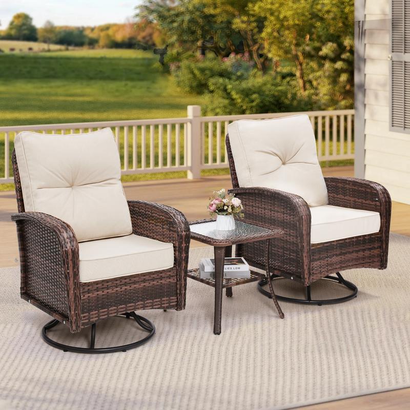 2 Luxury Outdoor Swivel Wicker Glider Patio Chairs with Glass Table Set, Overstuffed Washable Cushions, Ideal for Porch, Balcony, Deck, Grey Rattan and Blue Cushions. wicker  furniture