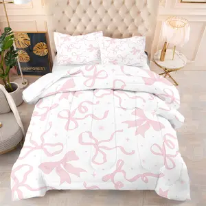 2/3pcs Valentine's Day Bow Theme Quilt Set, Soft Bedding Sets, Includes Quilt and 1 or 2 Coreless Pillowcases, Warm Skin-Friendly, Suitable for Bed Sofa Office Camping