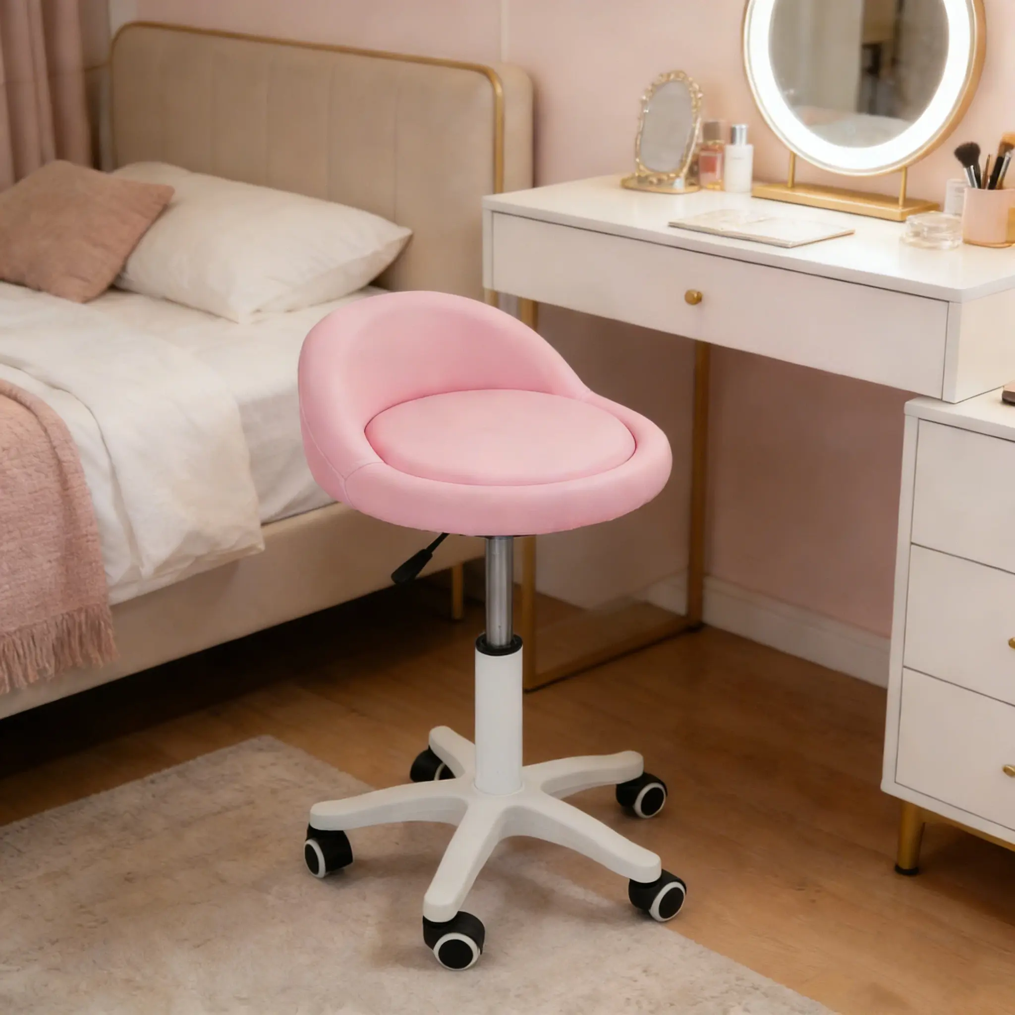 CNCEST Hydraulic Salon Vanity Chair with Wheels, Pink Modern Adjustable Height (14.5-19.7 in) 360° Swivel Ergonomic Chair for Facial Spa, Makeup Salons, Vanity Chairs