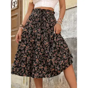 Women’s Floral Skirt, Midi Skirt, A-Line Pleated Skirt, Bohemian Floral Skirt, Loose Woven Casual Skirt GARMENTARY