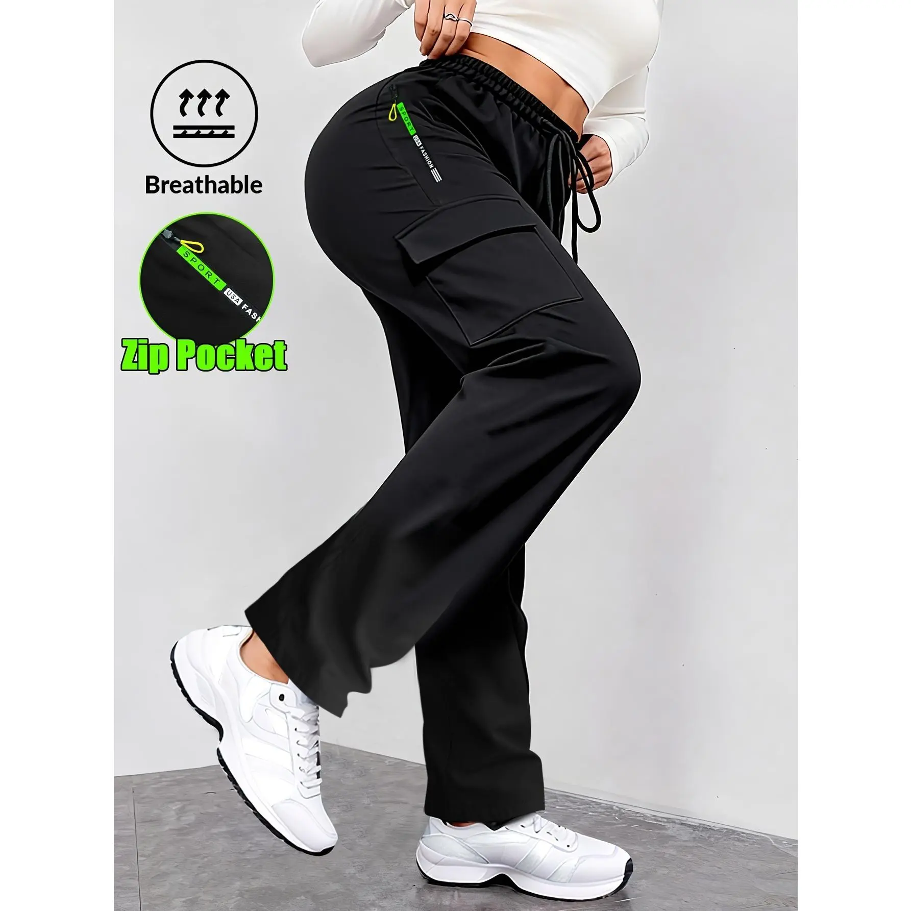 Women's Lightweight Breathable Cargo Pants, Casual Drawstring Straight Leg Trousers with Zip Pockets for Hiking, Gym, Work & Daily Wear