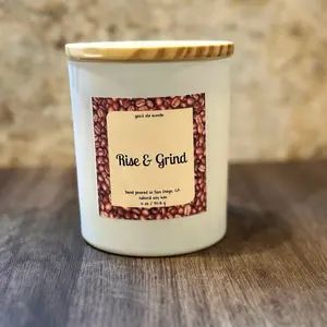 Rise & Grind 11 oz Soy Wooden Wick Candle in White Jar with Coffee Bean Design Cozy
