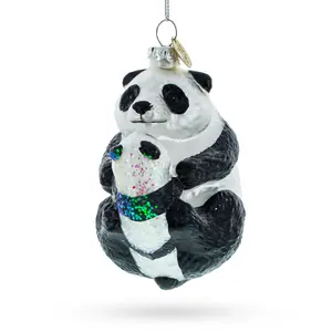 Mother and Baby Panda Embrace Blown Glass Christmas Ornament
