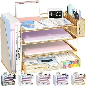 Desk Organizers and Accessories, 4-Tier Office Desk Accessories & Workspace Organizers with Drawer and Pen Holder, Desktop Paper Tray File Organizer for Home Office Supplies, Gold