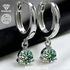 Green Moissanite Dangle Hoop Earrings for Women, 1CT Round Brilliant Cut Green Moissanite Drop Huggie Earrings, 925 Sterling Silver Hypoallergenic Earrings for Everyday & Occasion
