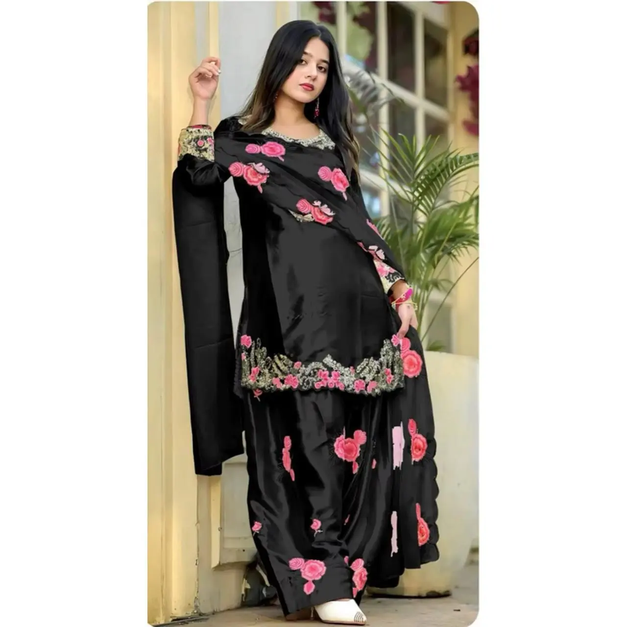 Heavy Satin Embroidered Top Farshi Salwar Organza Silk Dupatta Full Sleeve Fully Stitched Women Festive Salwar Suit Set