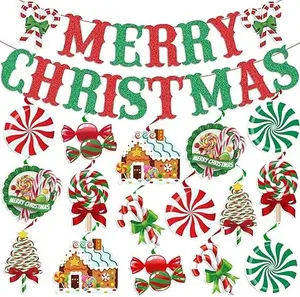 Merry Christmas Banner, Peppermint Candy Christmas Decorations Include Christmas Candy Banner, Christmas Party Supplies Decorations