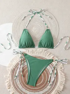 Women's Sexy Solid Color Tie Back Two-Piecem, Self Tie Bikini Swimsuit, Stylish Beachwear Swimwear, Comfortable & Trendy Bathing Suit