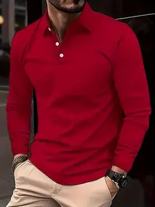 Men's fashionable casual long sleeved shirt with collar button and solid color golf shirt