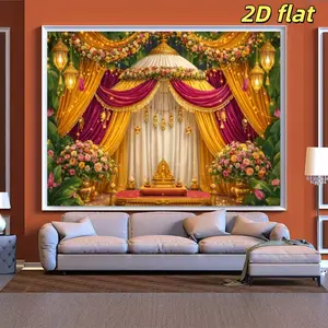 2D Flat 1PC Polyester Southeast Asian Golden Purple Wedding Mandap Backdrop Banner, Luxurious Drape Floral Altar Decoration, Indoor Outdoor Use, Ideal For Traditional Indian Wedding Ceremony, Festival Ritual Setup, Ethnic Style Welcome Background