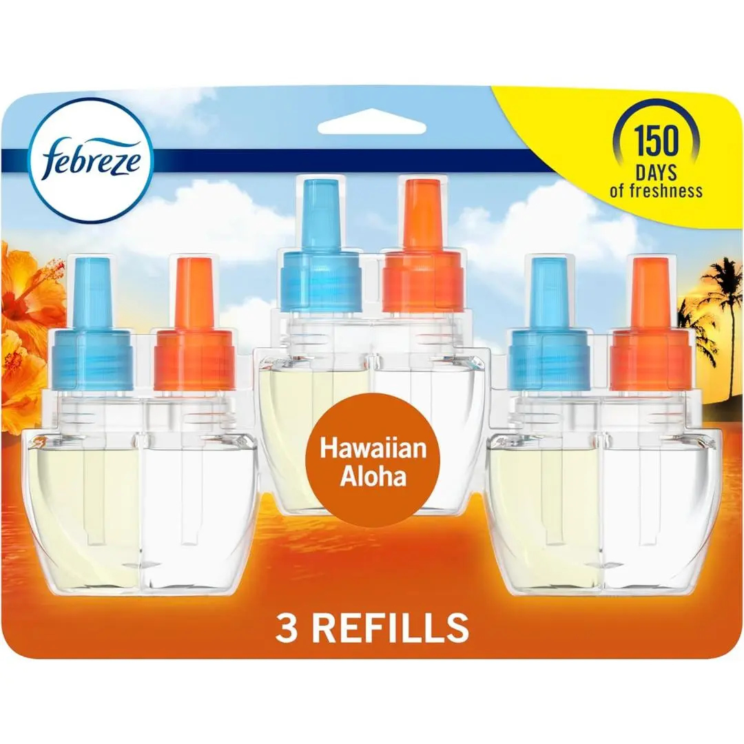 Febreze Plug In Air Freshener, Odor-Fighting Scented Oil Refill, Air Fresheners for Home and Bathroom and Kitchen, Long Lasting for Strong Odors, Hawaiian Aloha Scent, 0.87oz Refills, 3 Count