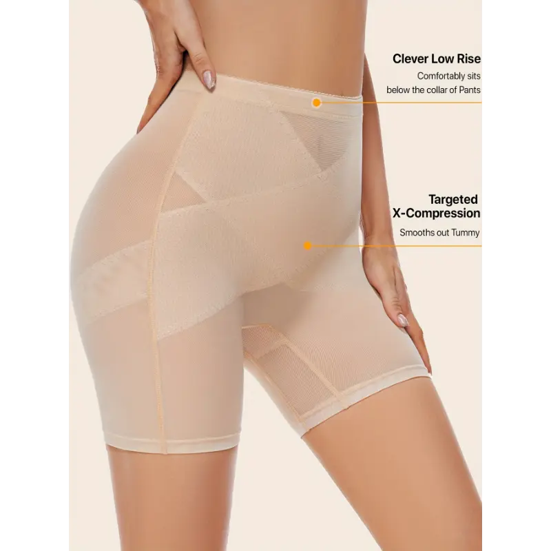 Women's High Waist Spandex Knitted Solid Shapewear Shorts - 91.7% Polyester Blend Fabric, Belly-Tightening, Hip-Lifting, Thigh-Compression, Breathable, Translucent Mesh Women's Clothes Body Shaper