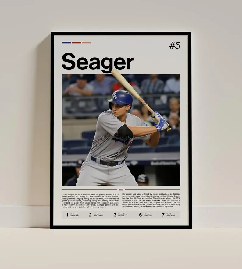 Corey Seager Poster, Baseball Wall Decor, Sports Art Print, Baseball Player Gift - No Frame