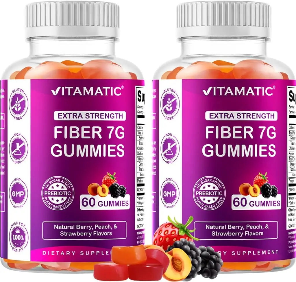Vitamatic Prebiotic Fiber Gummies for Adults – 2 Pack (Total 120 Gummies) 7g Fiber per Serving | Extra Strength | Zero Sugar Added | Pectin-Based | Digestive Health & Regularity Support