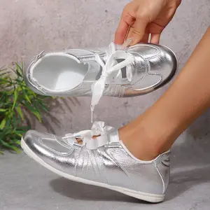 Glittery Slip-On Sneakers for Women Shiny Metallic Flats with Bow Detail