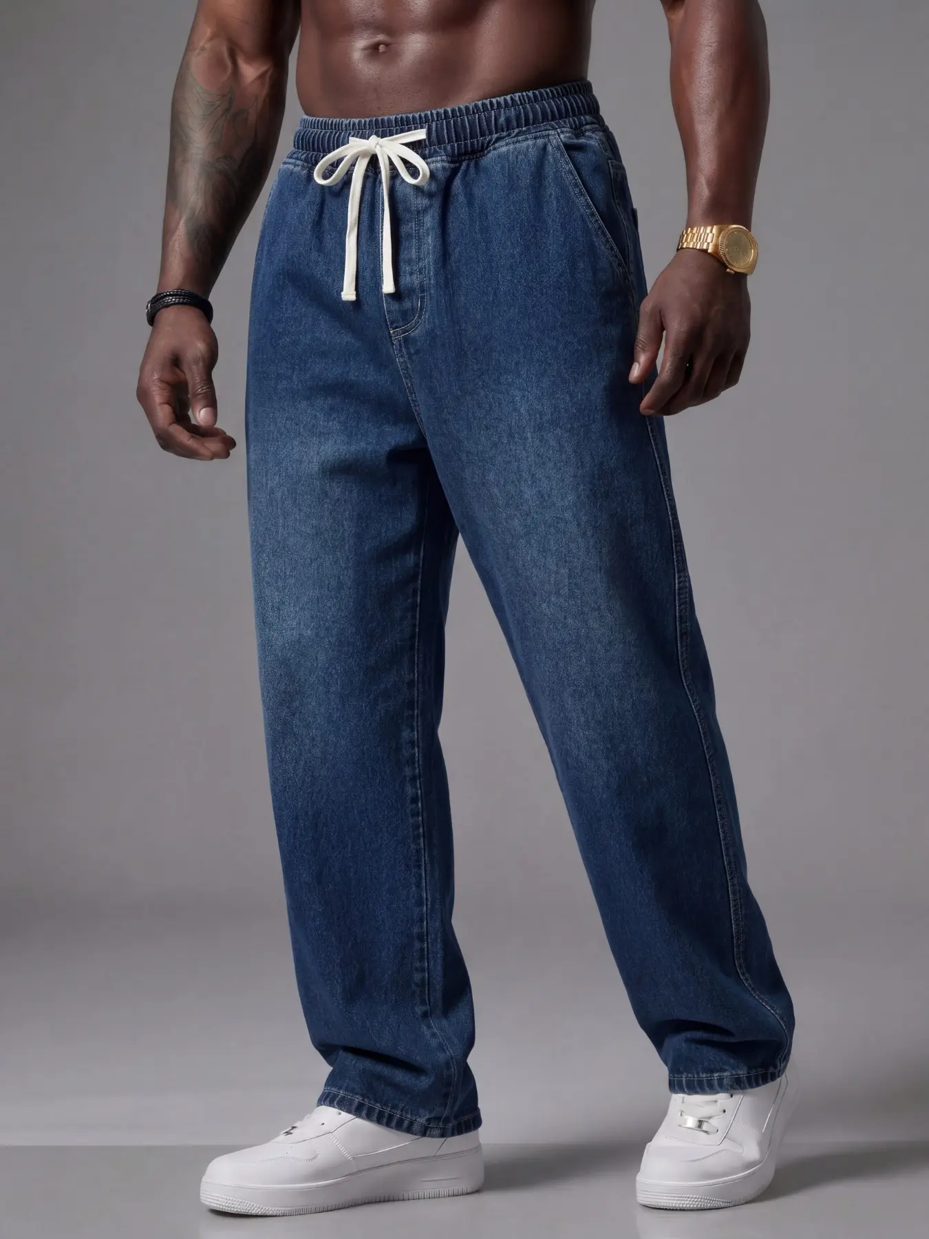 Men's Drawstring Elastic Waist Washed Faded Plain Vintage Classic Straight Jeans with Pocket, Non-Stretch Denim Pants, Casual Jeans Menswear, Comfortable Straight Fit, Perfect for daily casual wear