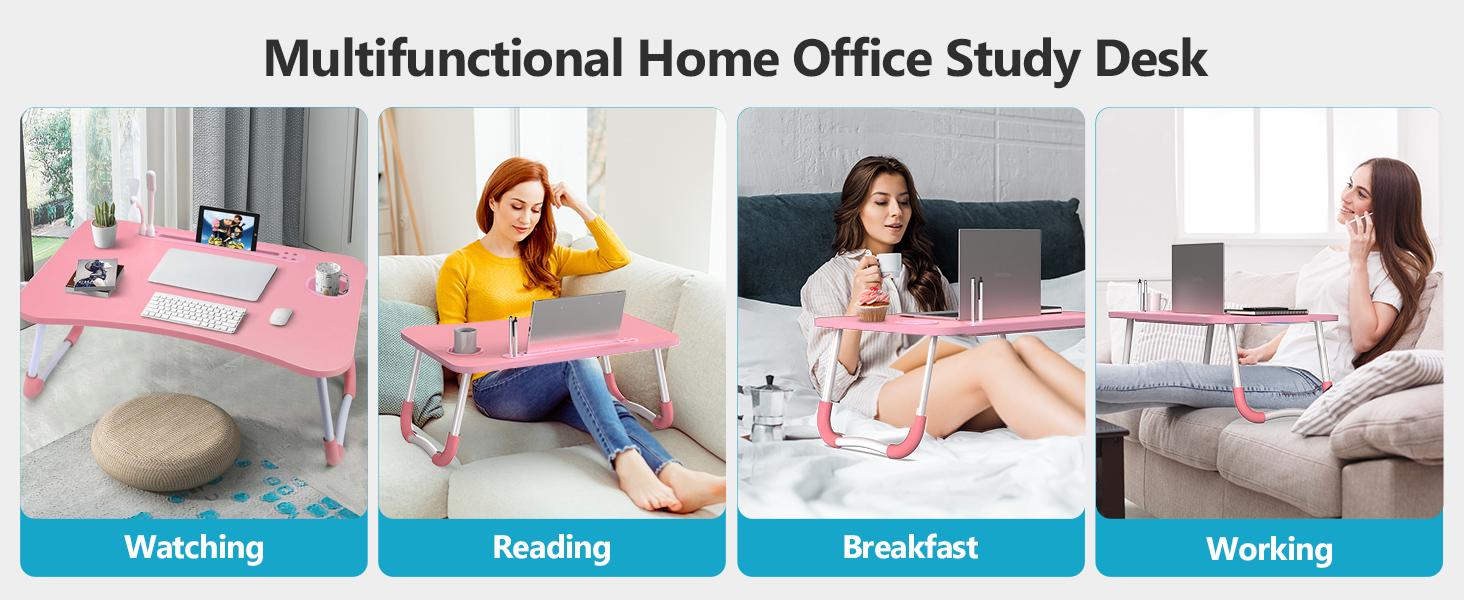 Foldable laptop desk bed tray - with 4 USB ports - portable and tiltable laptop table, wooden folding table, storage drawer and cup holder, essential for home office, ideal for working and reading on the sofa laptop bed desk