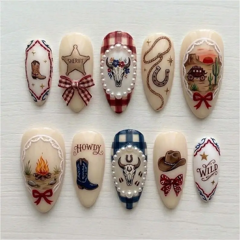 Western Cowgirl Press On Nails Cowboy Boot And Desert Art Rustic Rodeo Gift For Her
