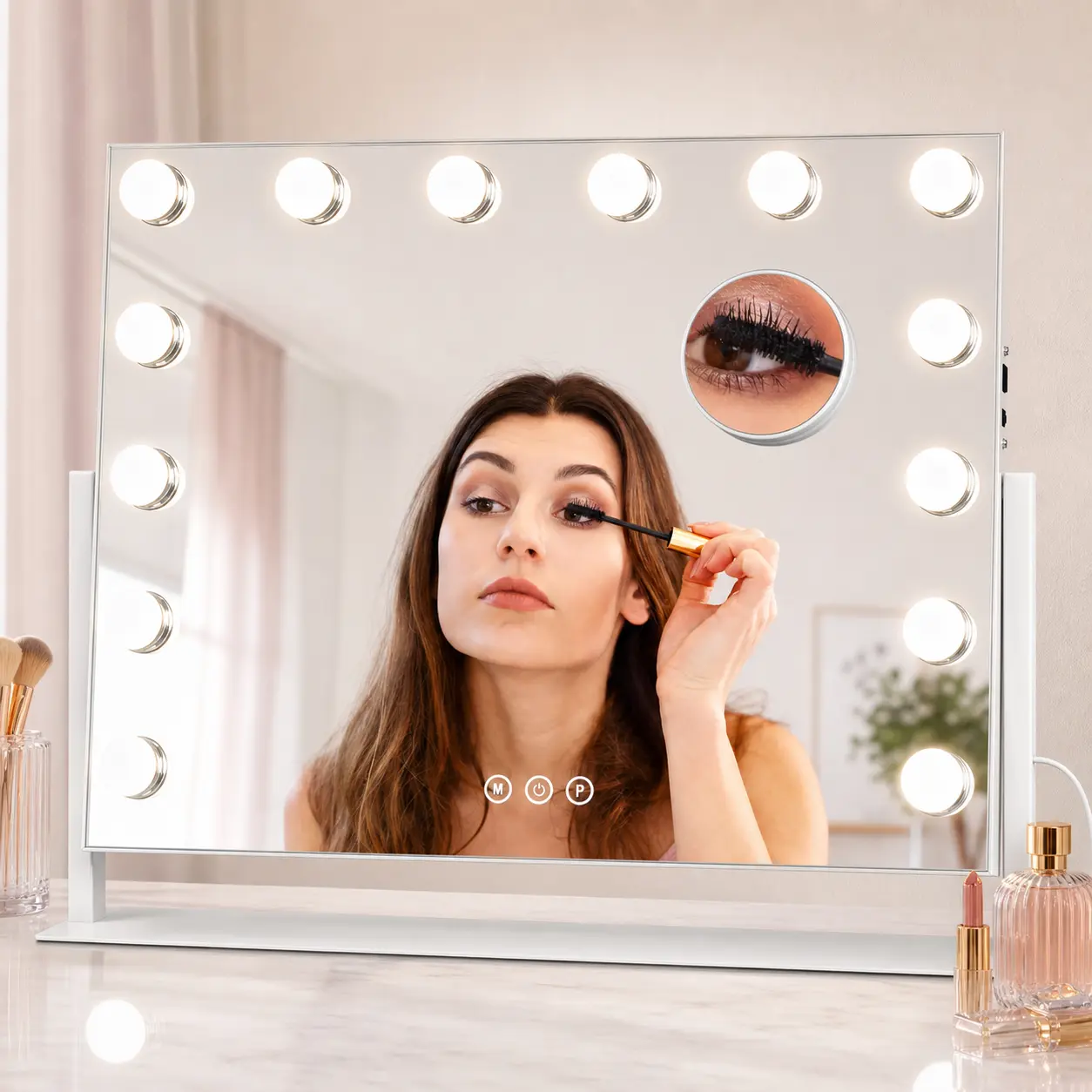 Hollywood Vanity Mirror with 14 LED Bulbs and Stand, 20 x 16 Inch Lighted Makeup Mirror, 3 Color Modes, Dimmable Touch Control, 10X Magnifying Mirror, White