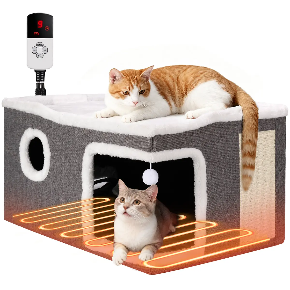 Heated Fabric Medium-Size Cat House - Foldable Cave Design Hideaway with Sisal Scratch Pad, Fluffy Ball, Heat-Safe Adjustable Temperature Set, Timer, Chew Resistant for Bedroom, Living Room