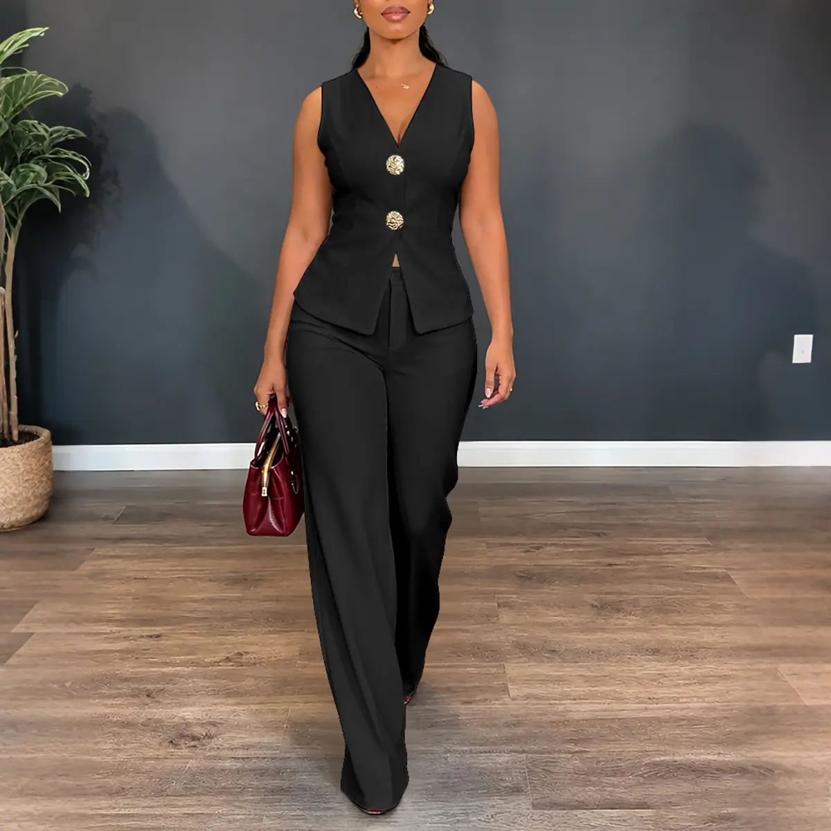 CHICME Women's 2 Piece Blazer Set Sleeveless V Neck Button Down Vest and High Waisted Straight Leg Pants Set Elegant Suit CHICME Women's 2 Piece Blazer Set Sleeveless V Neck Button Down Vest and High Waisted Straight Leg Pants Set Elegant Suit