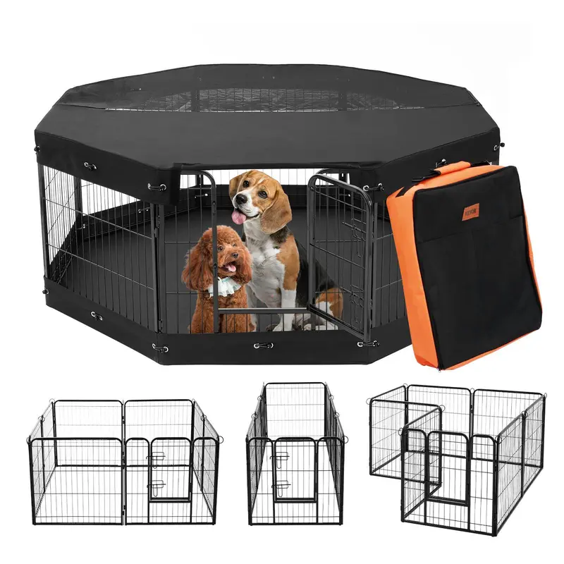 VEVOR Durable Puppy Playpen - 8-Pieces Foldable Metal Panels, 24" Octagon Space, 600D Oxford Resists Wear Top Cover, Anti-Gap Bottom Seal, Floor Protector, Mesh Ventilation, Waterproof Fold-and-Go Bag, Indoor/Outdoor Small Pet Exercise Fence with Door