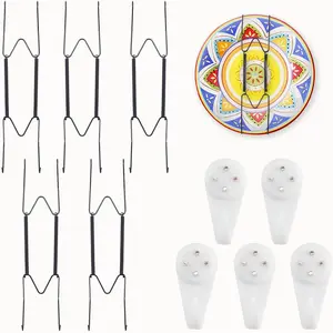 5 Pack Plate Hangers for Wall, Suitable for 9-12 inch Art Plate, Stainless Steel Invisible Heavy-Duty Wire Plate Holder with Wall Hooks, Display Hanger for Decorative Plates/Dishes/Platters(Black)