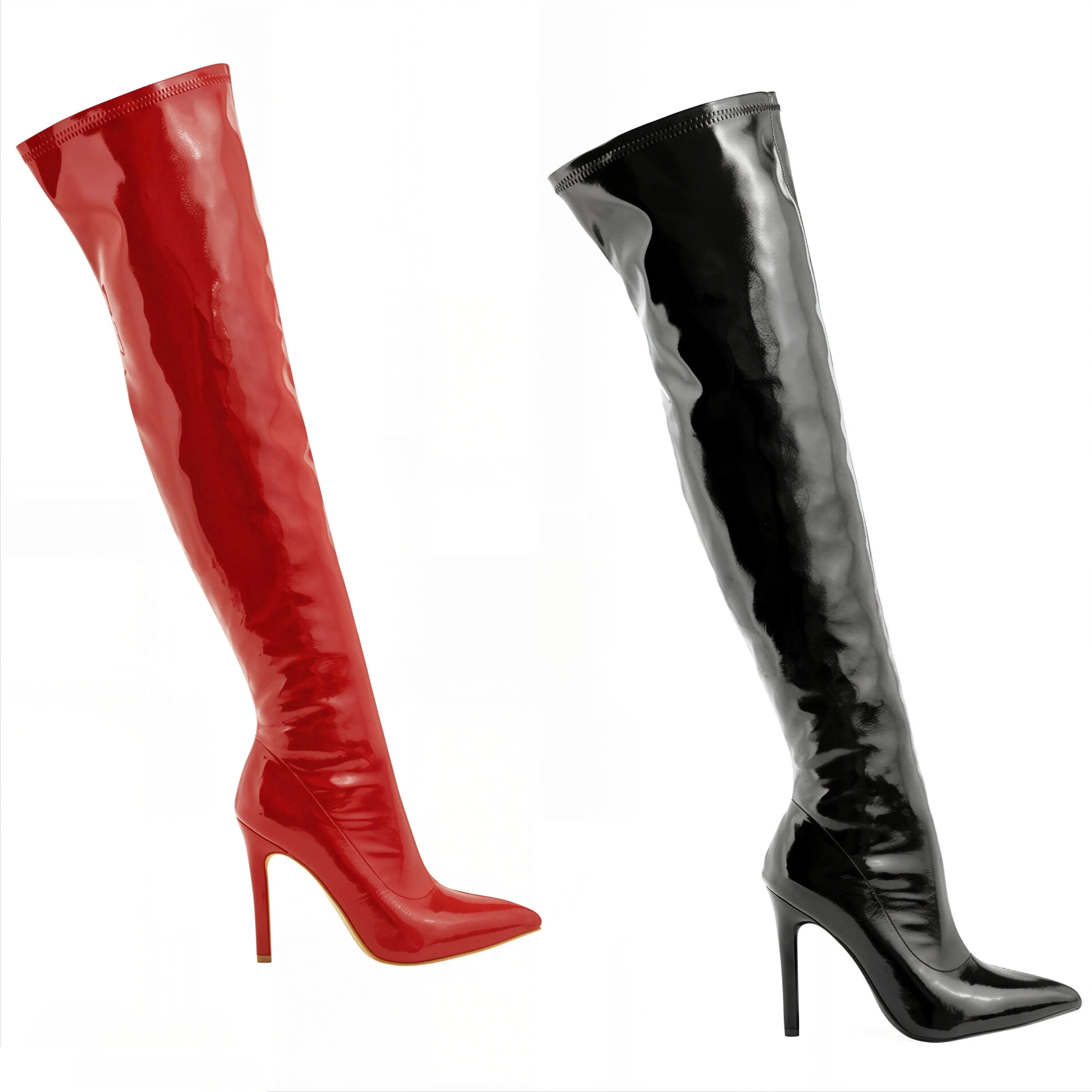 Women's Glossy Patent Leather Pointed Over-the-Knee Footwear, 10cm Stiletto Heels, Stretch Shiny Shaft, Leg-Lengthening Design, Runway Essential, Trendy Versatile Fashion Boots for Club, Party