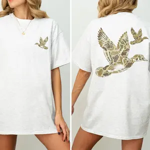 Outdoors Camo Duck Hunting Shirt, Waterfowl Camo T-shirt, Simply Printed Graphic Shirt, Daily Casual Cotton Womenswear
