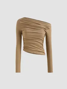 【Graduation Season】Women's Elegant Asymmetric Neck Long Sleeve Top, Fitted Plain T-Shirt for All Seasons, Casual, Perfect for Dating, Daily Wear, Back-To-School