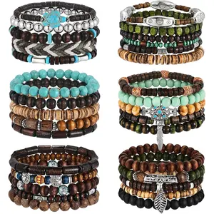 31 count Wooden Beads Bracelets Set for Women Men Multi-Layered  Metal Wristbands Elastic Stretch Bohemian Bangle Bracelet Stack Adjustable