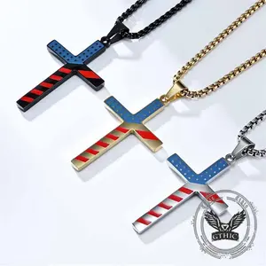 GTHIC American Flag Cross Stainless Steel Pendant for Men Daily Wear Independence Day Gifts