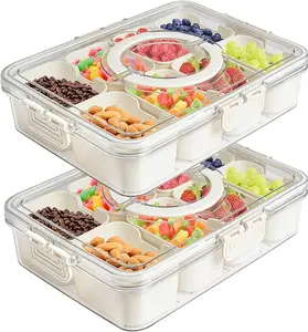 Eanpet 2Pack Divided Veggie Tray with Lid and Handle 8 Compartment Serving Tray with Dividers Portable Travel Snack Containers Stackable Snackle Box Charcuterie Container for Fruit,Vegetable,Salad