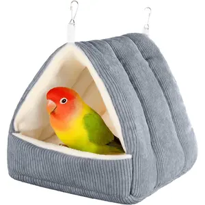 Small Winter Warm Bird Bed for Cage with Soft Plush Hanging Hammock & Hut Tent, Hideaway Sleeping Nest for Budgies, Cockatiels, Small Animals, and Guinea Pig Hideouts (Grey, S)