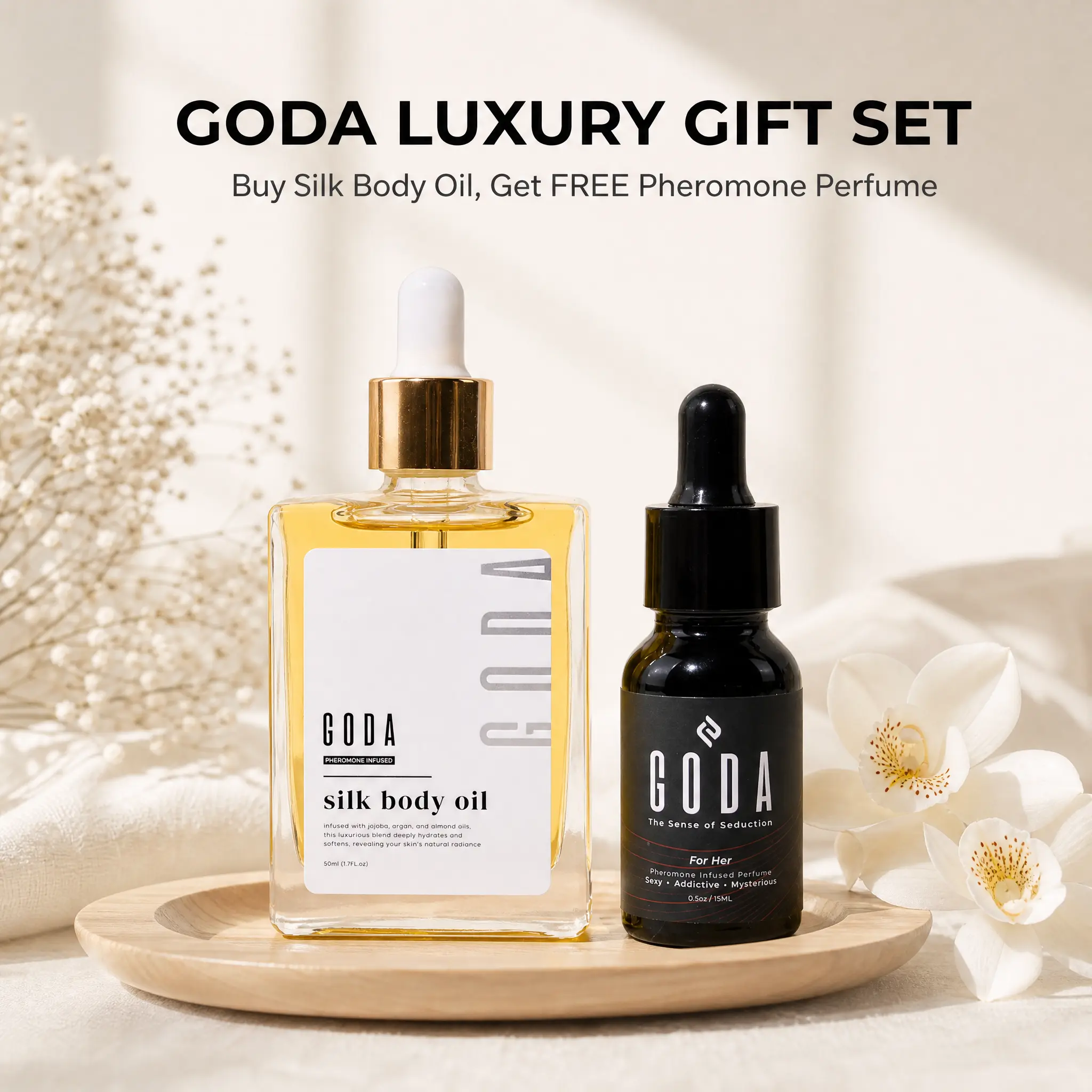 GODA Silk Firming Body Oil with Free Mini Perfume Gift, Fast Absorbing Nourishing Body Oil, Luxury Skincare Gift Set for Women