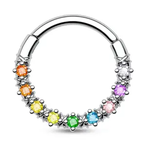 Oufer 16G Colorful CZ Hinged Segment Septum Ring 316L Stainless Steel