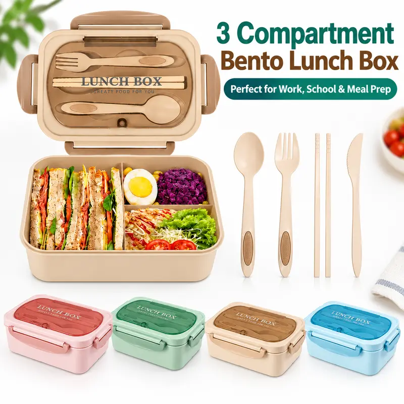 MIUVA Rustic Rectangular Bento Box for Adults - 3-Compartment Thermal Lunch Box, Reusable ABS Food Container with Utensils, Microwave & Dishwasher Friendly for Work, Meal Prep, Lunch Boxes