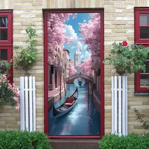 2pcs Romantic Cherry Blossom Venice Canal Wall Sticker Self-adhesive Removable PVC Material Pink Sakura Tree Gondola Boat Building Scenery Decal Home Wall Decor Mural Art for Living Room Bedroom Entra