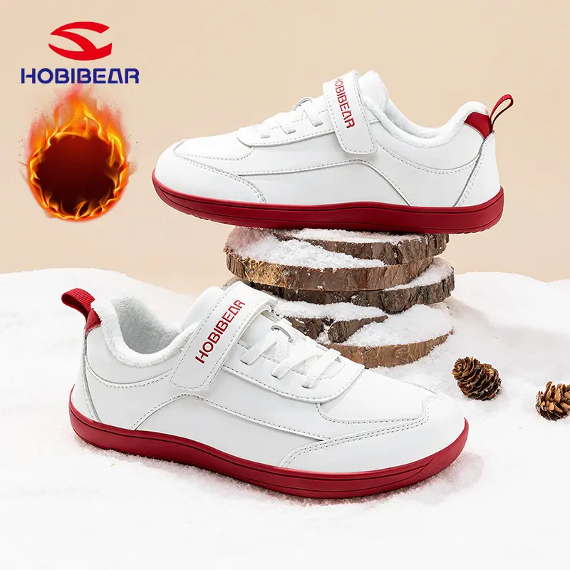 HOBIBEAR Women's Closed Athletic Shoe - Winter Warm Fleece-Lined Low-Top Casual Trainer, Wide Toe for Outdoor Activities (White & Red)