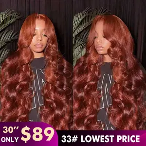 Reddish Brown Lace Front Wig - Human Hair, Pre-Plucked 13x6 Body Wave, 200% Density, Auburn to Copper Red, 34 Inch