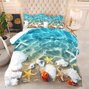 3pcs Bedding Set with Quilt and Pillowcase, Starfish and Shell Print, Comfortable and Breathable, Suitable for Adults, Teens, Kids
