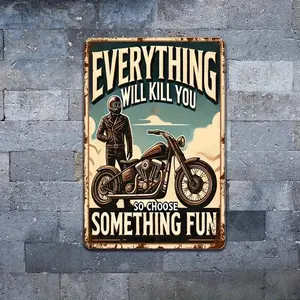 1pc Vintage Motorcycle Metal Wall Art Sign with "Everything Will Kill You" Quote - 8x12 Inch Retro Garage Decor for Bikers, Freedom Seekers, for Man Cave & Studio - Rustic Metal Plaque, No Electricity Needed, Motorcycle Decor, Bold Typograp