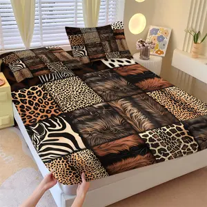 Wild Animal Print Patchwork Fitted Sheet Set, 1 Fitted Sheet + 2 Pillowcases, Leopard Zebra Lion Fur Pattern Bedding, Soft, Comfortable & Breathable Microfiber, All Season Use, Deep Pocket, Non-Slip, Wrinkle & Fade Resistant